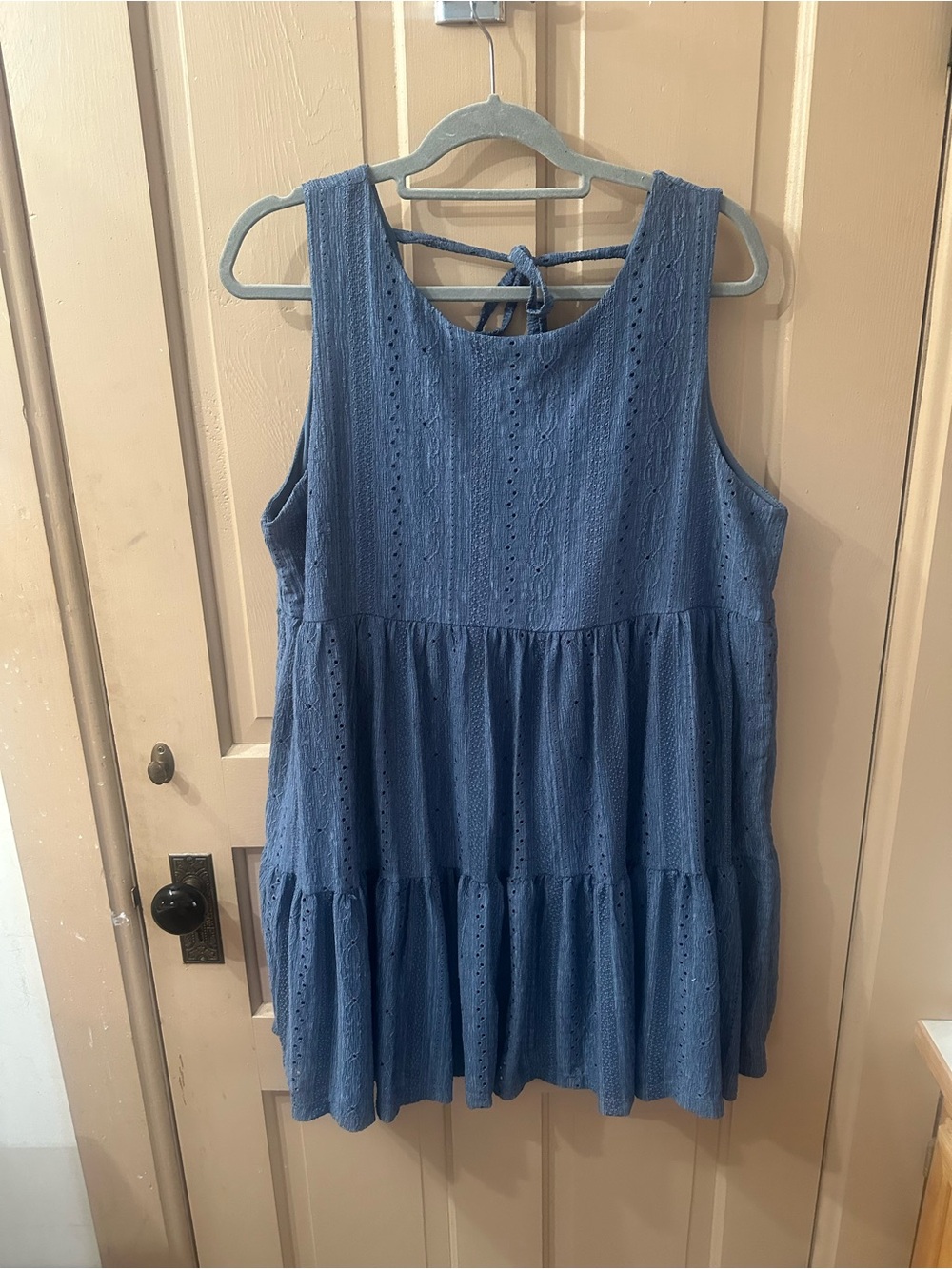 Rewind Blue Sleeveless Tiered Eyelet Mini Dress